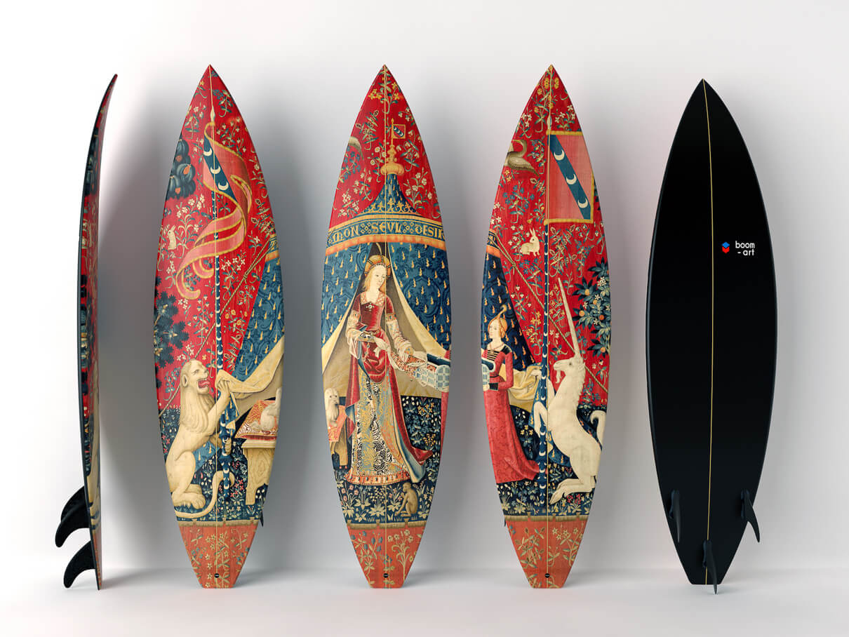 surf board with a classical painting on it from Boom Art
