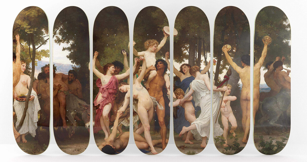 Skateboard with a classical painting on it from Boom Artt