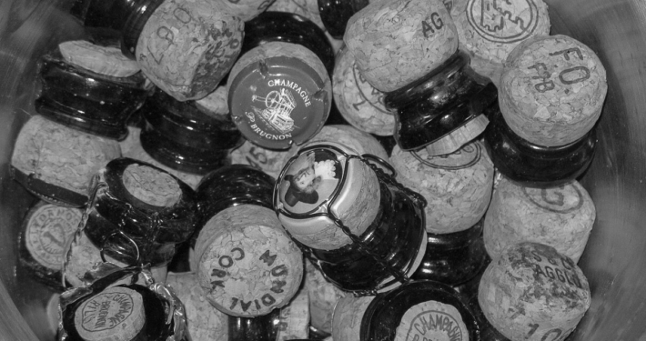 The tops of Champagne bottles after they have been Sabrage