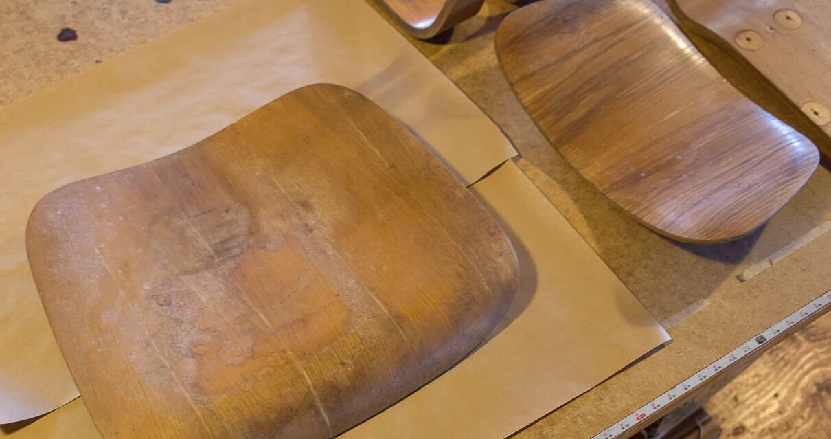 Eames LCW Chair parts after it has been treated with wood bleach