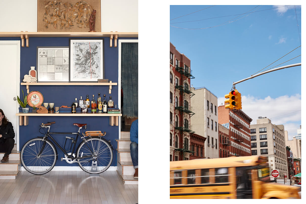 The 3sixteen office with artwork and a bike and a shot of the New York streets