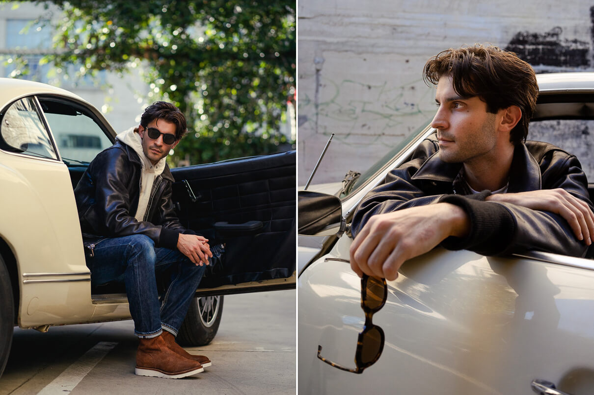 Man getting into a car wearing the 3sixteen/Schott collaboration A-2 jacket