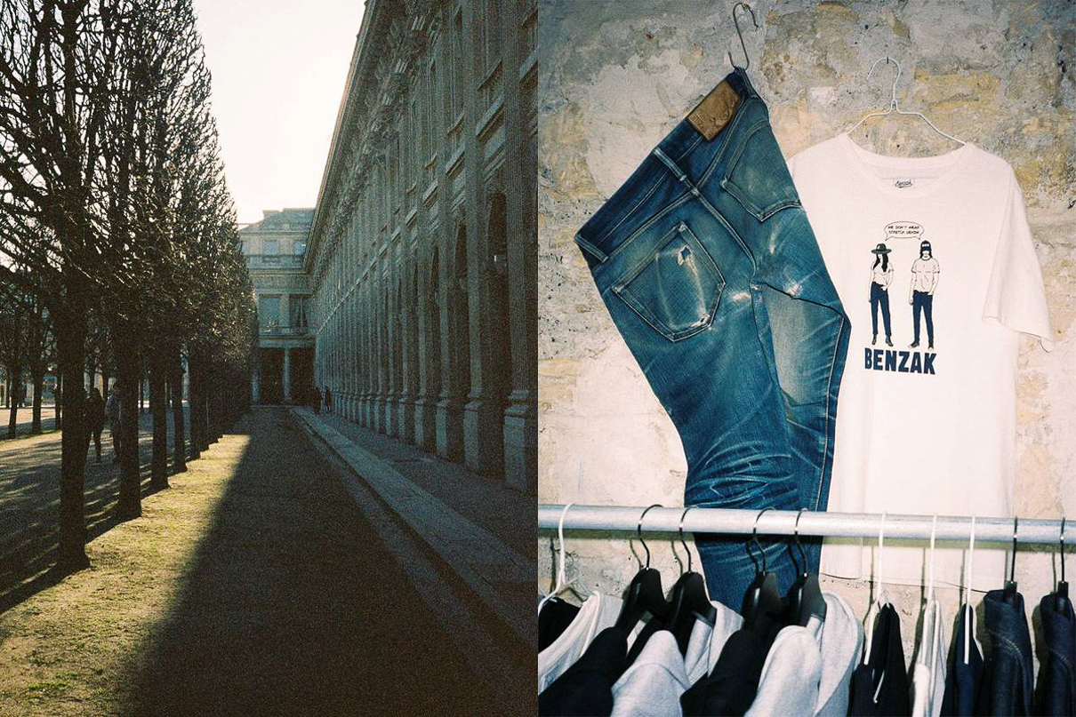 A Paris street and a shot of a pair of Benzak Denim Developers jeans hanging on a wall