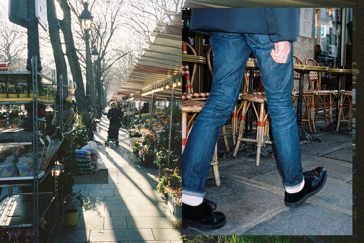 A Paris city street and a close up shot of a pair of Benzak Denim Developers jeans