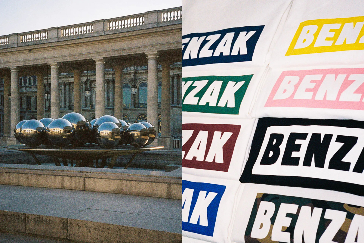 A building in Paris with a statue in fron and the Benzak Denim Developers box logo T shirts.
