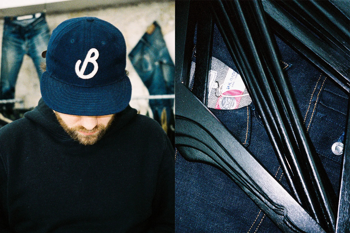 Lennaert Nijgh, founder of Benzak Denim Developers showing us his Ebbets Filed Flannels can and hangers stored in a bag with denim.