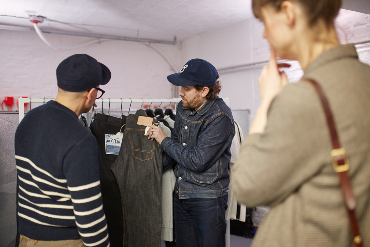 Lennaert Nijgh from Benzak Denim Developers showing his collection to visitors of the Trade Union in Berlin