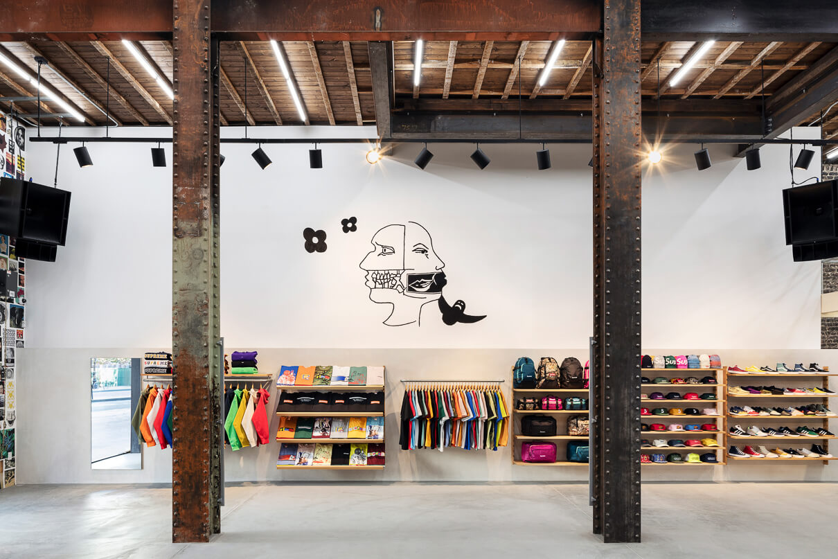 Interior of the Supreme outpost in San Francisco showing the supreme collection on display