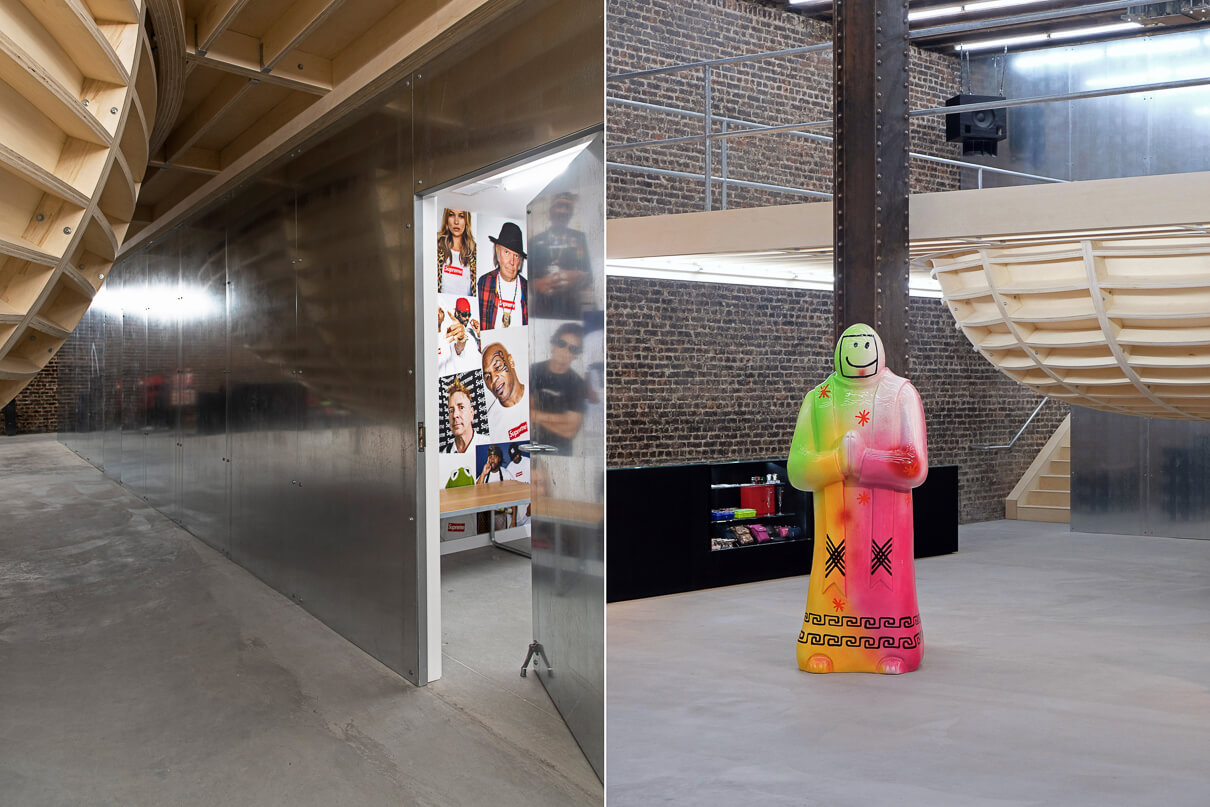 Interior shot of the Supreme outpost in San Francisco showing a changing room and an art piece by skater and artist Mark Gonzales