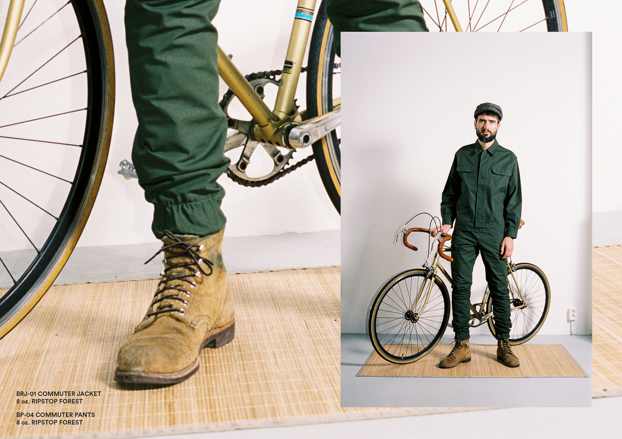 Benzak Denim Developers Style Book, Look Book Spring Summer 2020 green riders jacket and ripstop pants