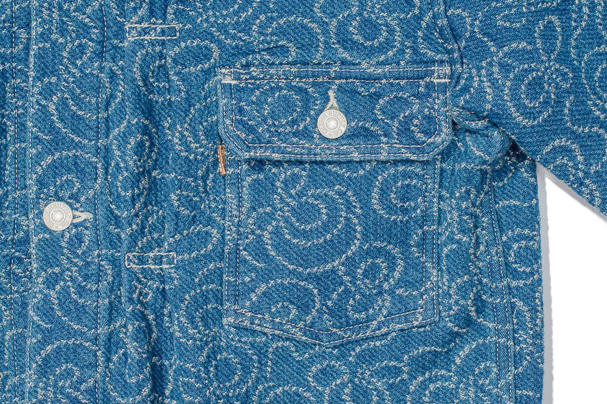 Calee Double jacquard Type II denim jacket front flap pocket detail
