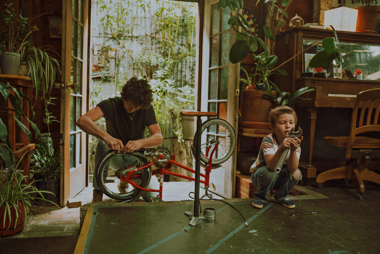 Levi’s Vintage Clothing spring summer 2020 lookbook. Getting the parts you need to build a soapbox racer from a kids bike