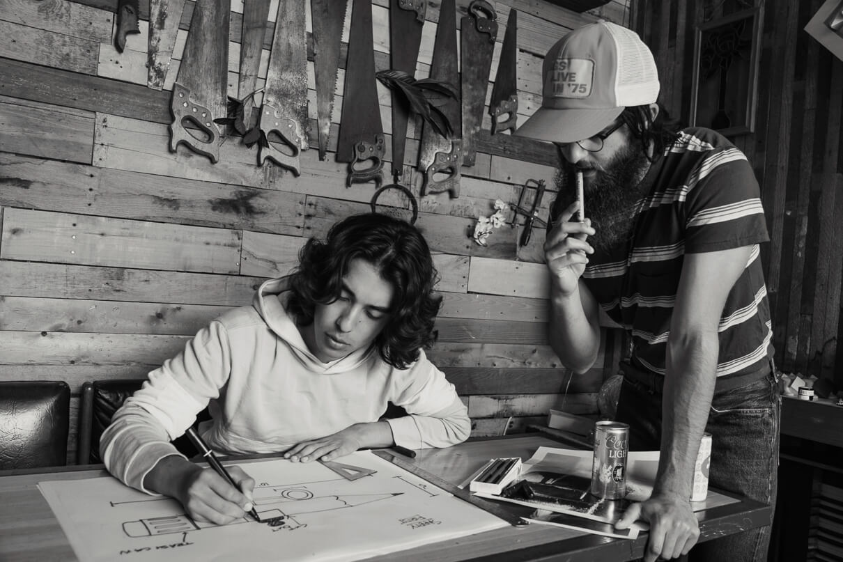 Levi’s Vintage Clothing spring summer 2020 lookbook. Two artist plan their soapbox racer for the opening of SFMOMA