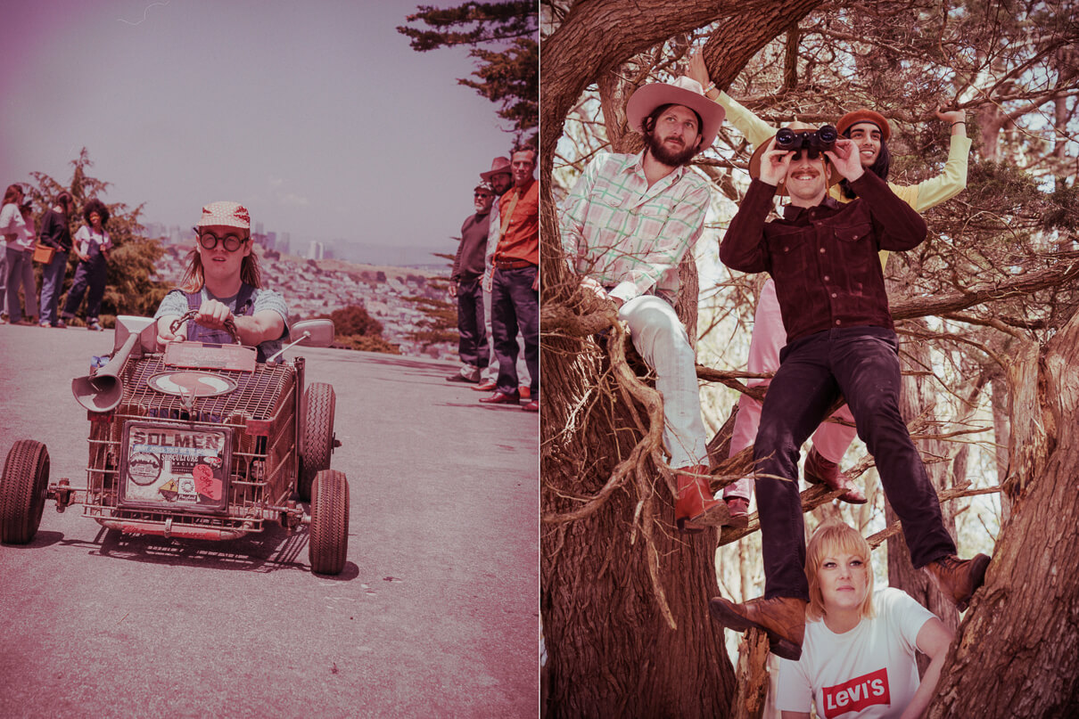 Levi’s Vintage Clothing spring summer 2020 lookbook. One racer is in the lead as spectators look on from a tree