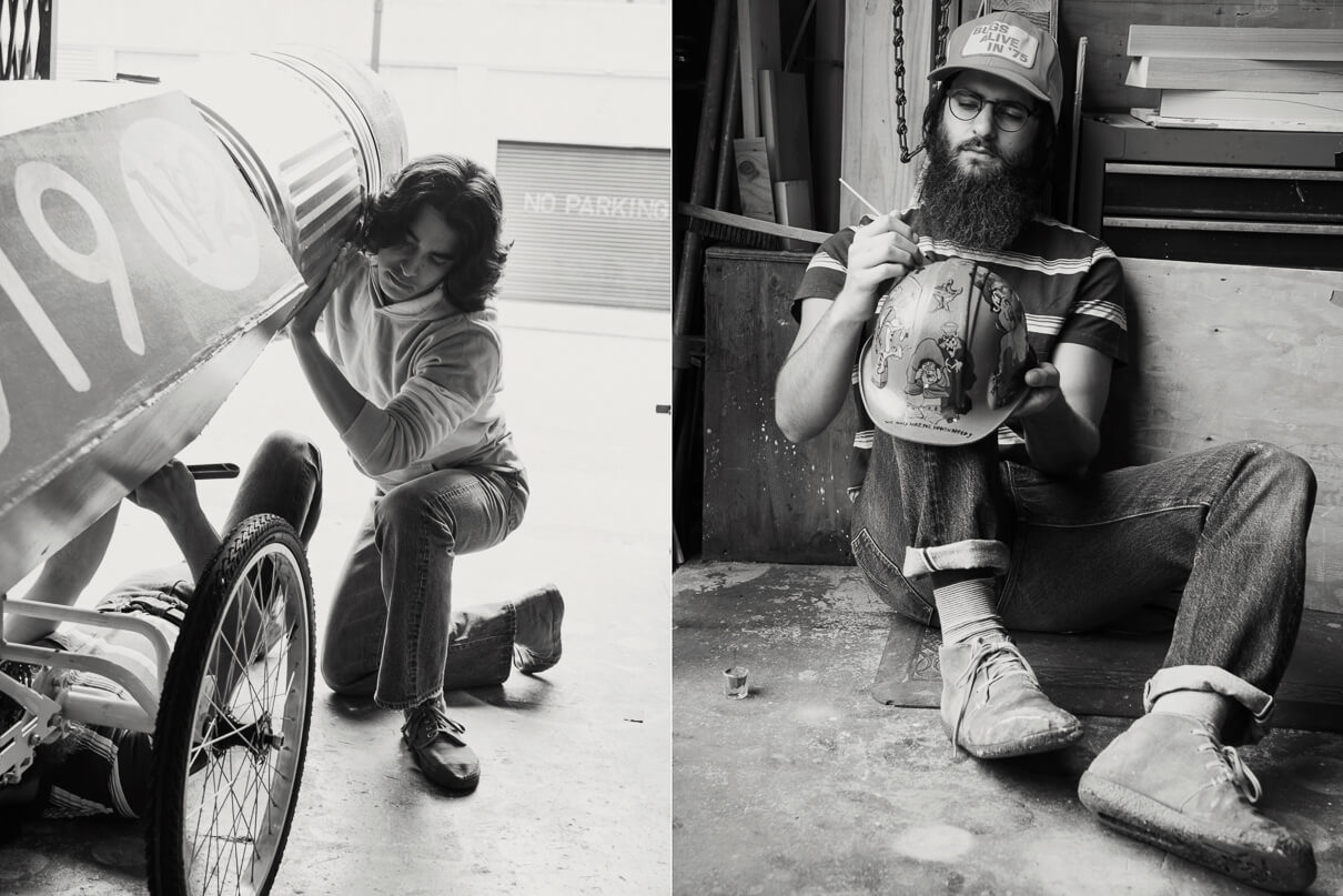 Levi’s Vintage Clothing spring summer 2020 lookbook. Two artist put the finishing touches on their soapbox racer for the opening of SFMOMA