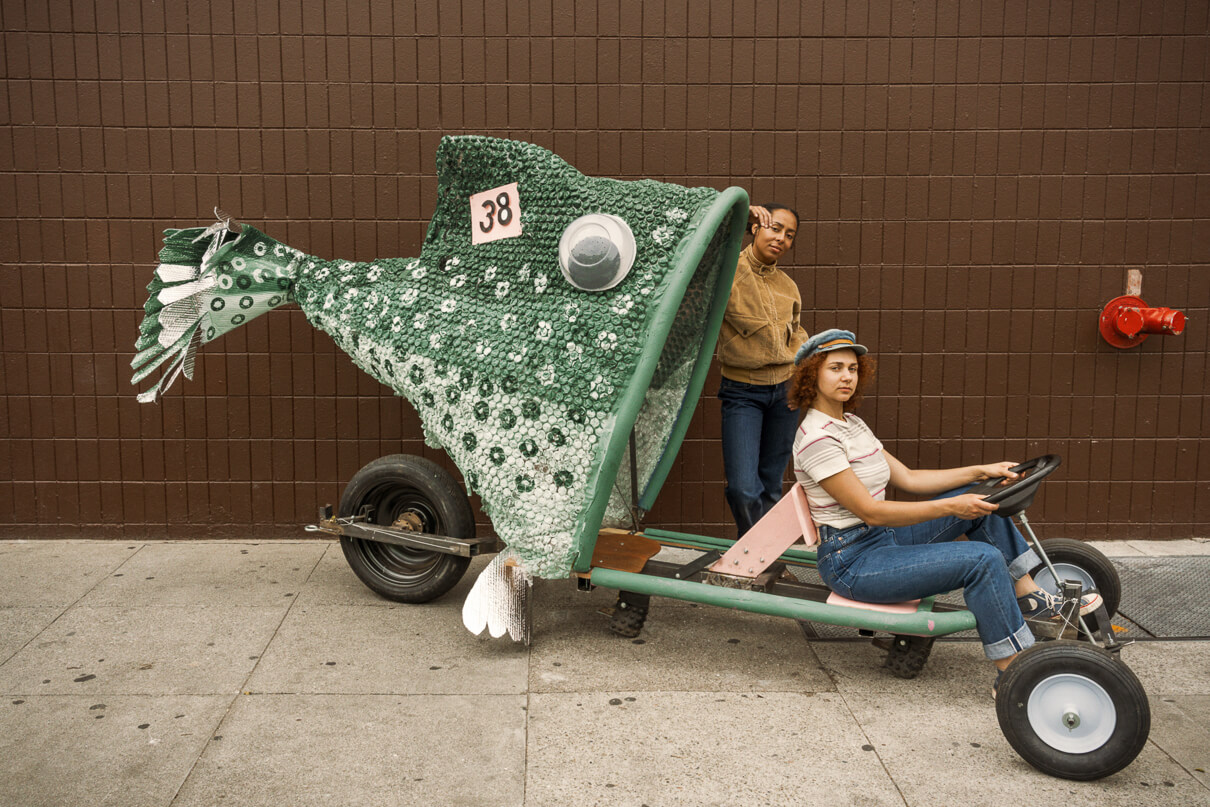 Levi’s Vintage Clothing spring summer 2020 lookbook. A giant fish soapbox racer for the opening of SFMOMA