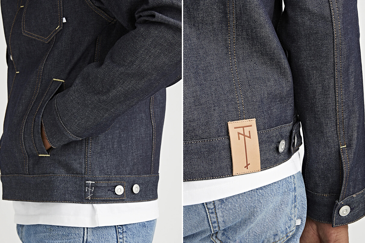 Tenue. Fonda Midway denim jacket details showing the waist adjusters and the leather patch
