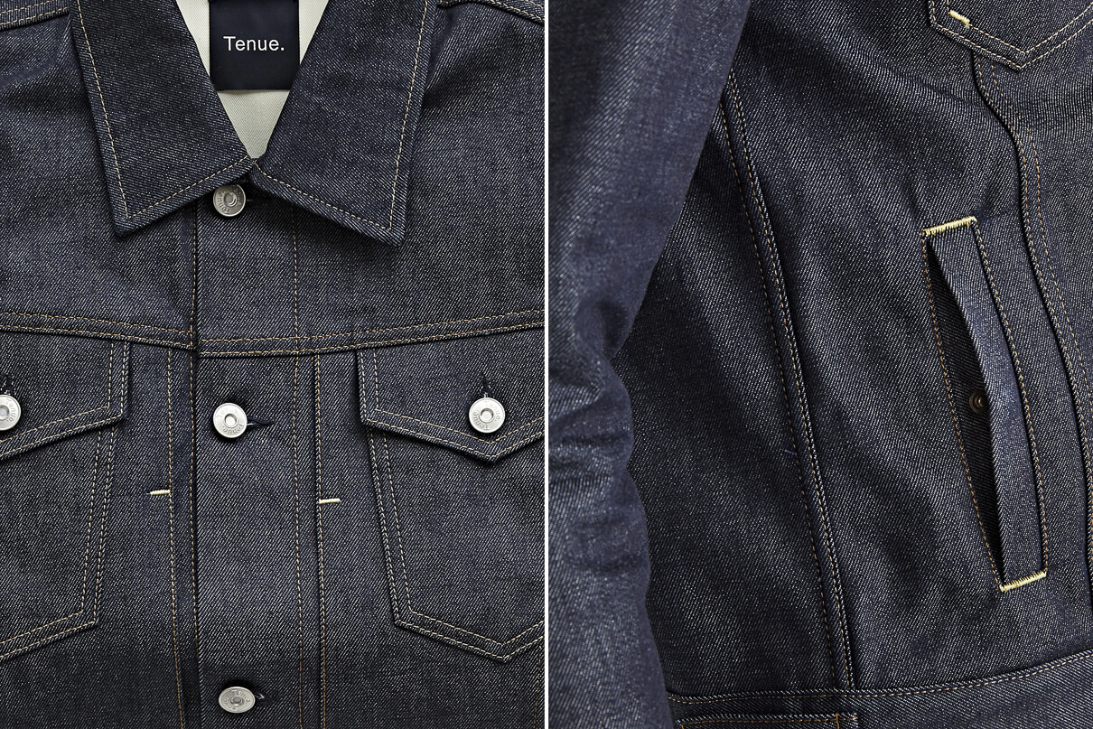 Tenue. Fonda Midway denim jacket details showing the chest pockets and the handwarmer pockets.