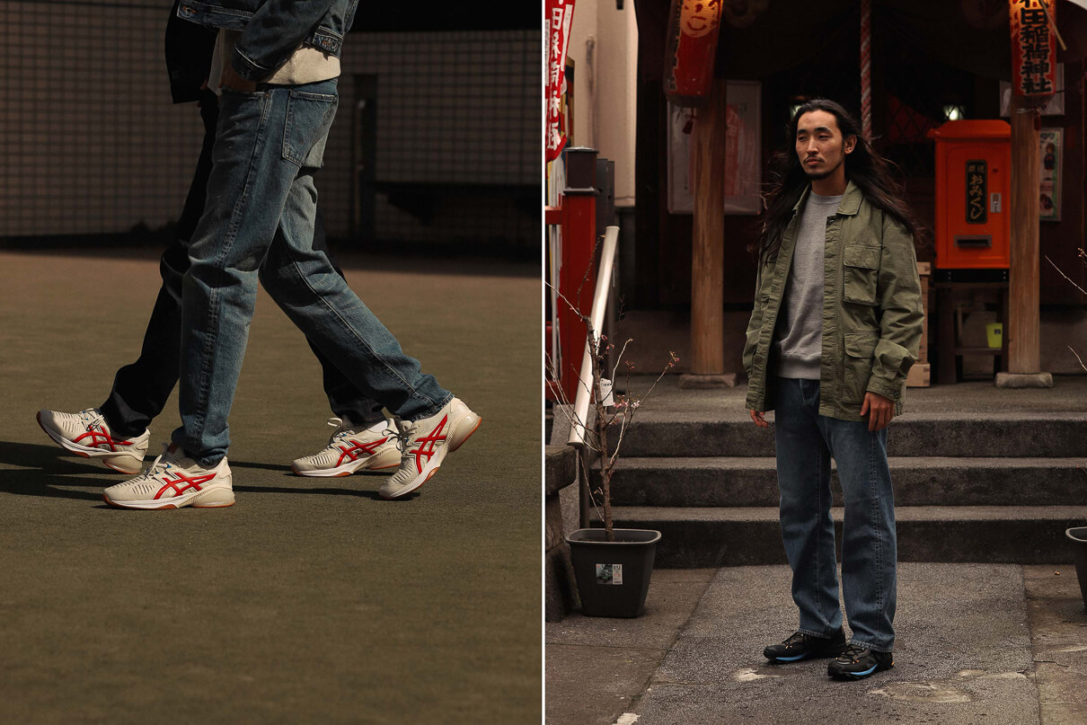 Close up of two friends walking togethers wearing Edwin jeans and a shot of a man on the streets of Tokyo taken from the Edwin made in Japan lookbook for Spring Summer 2020