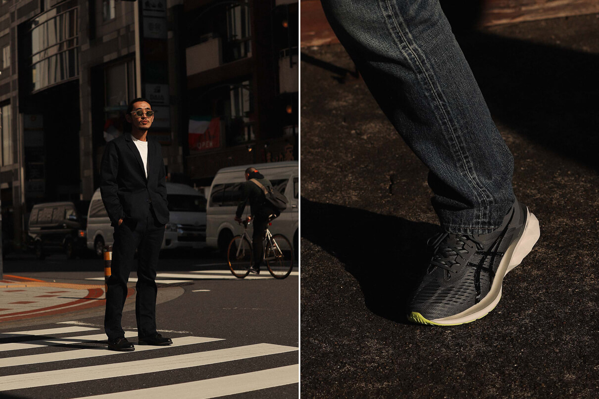 A Japanese man on the streets of Tokyo taken from the Edwin made in Japan lookbook for Spring Summer 2020