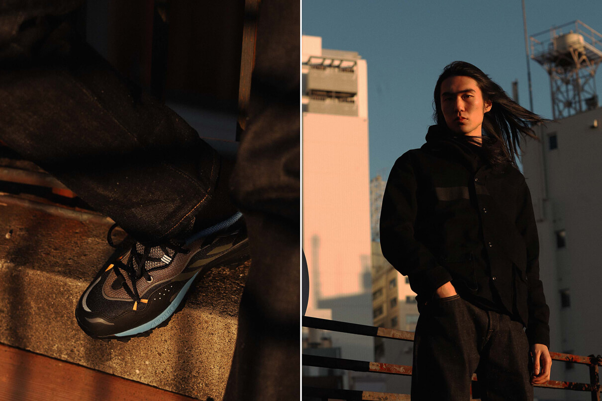 Close up fo Edwin raw denim jeans paired with a trainer and a Japanese man on the streets of Tokyo taken from the Edwin made in Japan lookbook for Spring Summer 2020