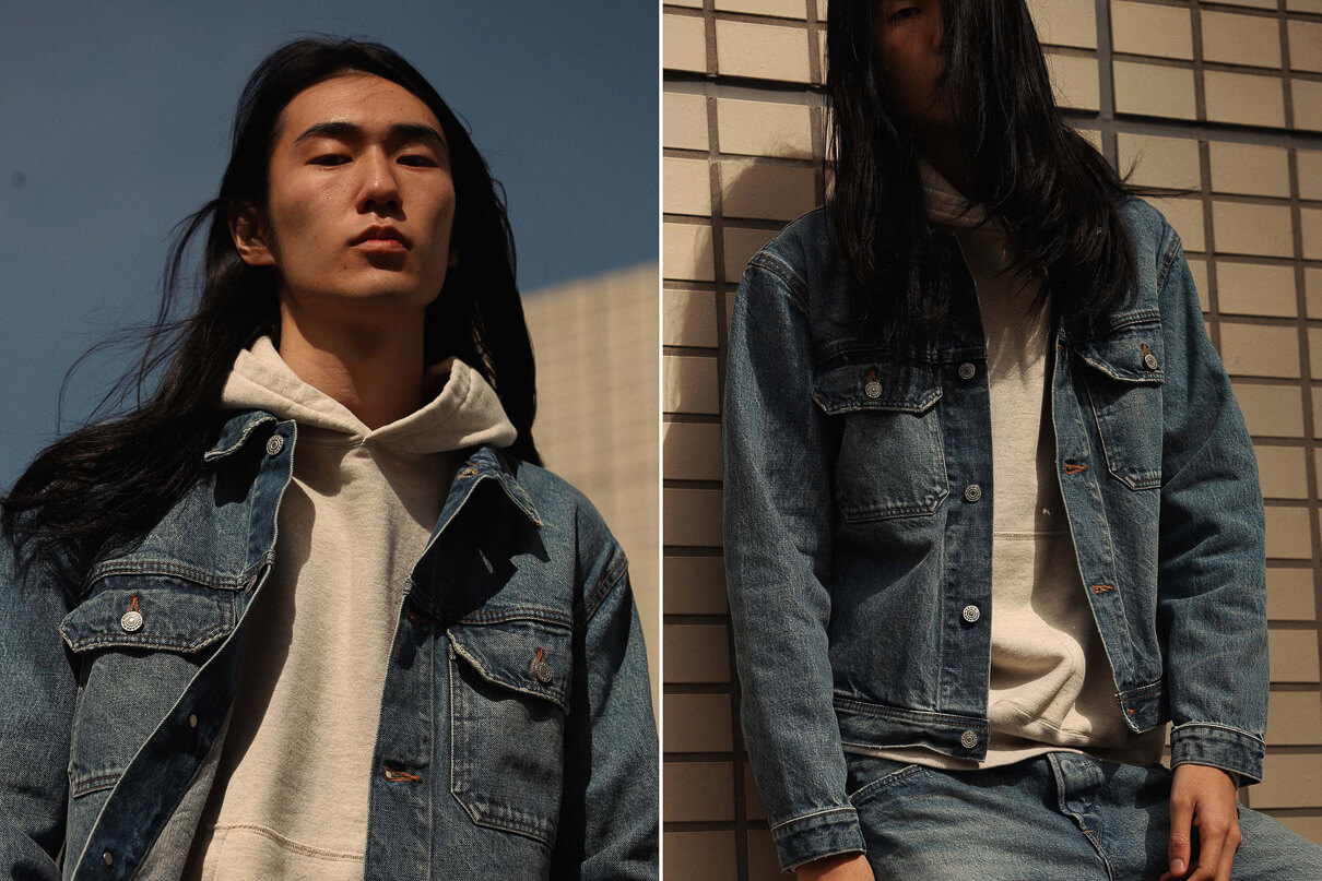 Close up details of the washed jeans and hoodie from Edwin and another shot showing the denim jacket from Edwin taken from the Edwin made in Japan lookbook for Spring Summer 2020