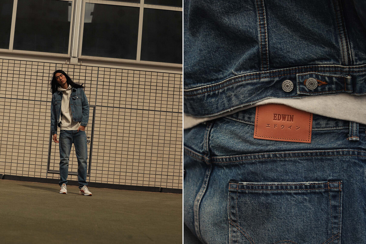 Close up details of the washed jeans from Edwin and another shot showing the full outfit taken from the Edwin made in Japan lookbook for Spring Summer 2020