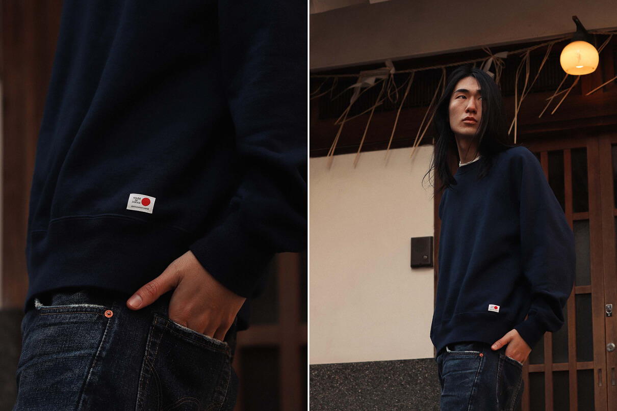 Details showing the new jersey clothing from Edwin and a Japanese man on the streets of Tokyo in from of a traditional house taken from the Edwin made in Japan lookbook for Spring Summer 2020