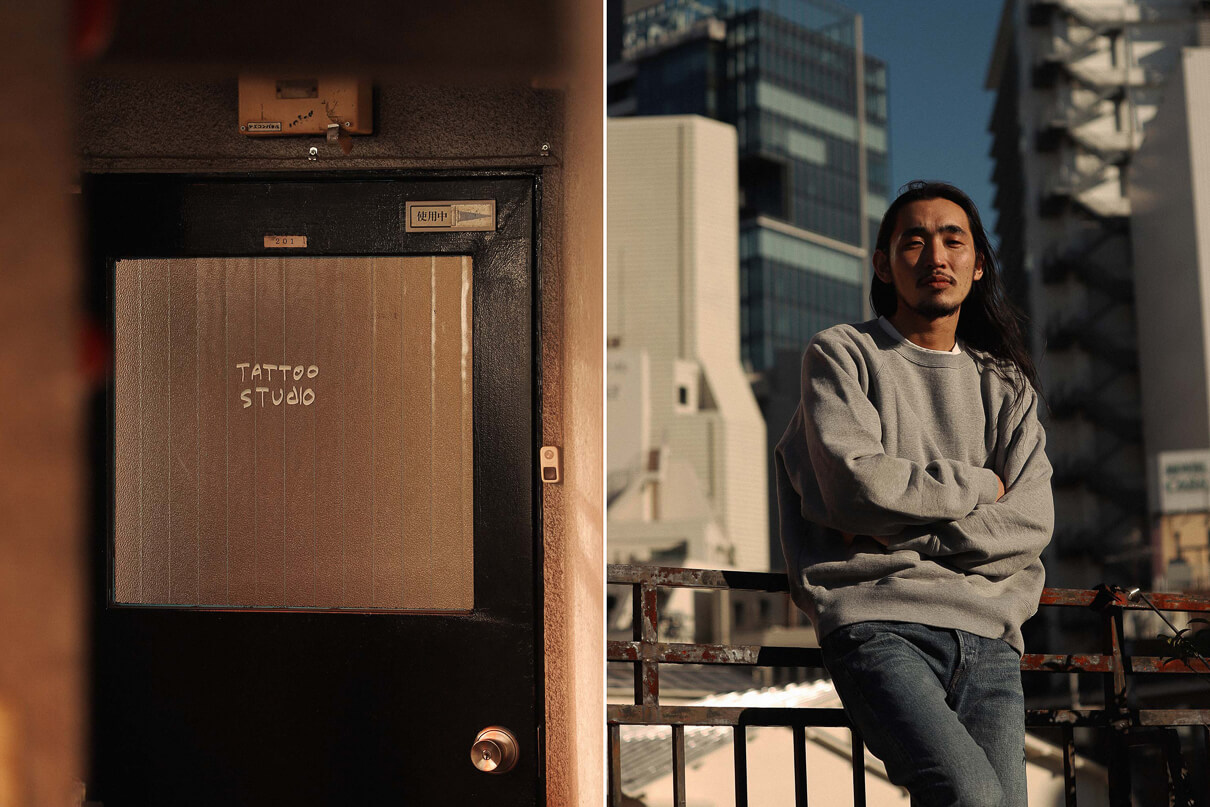 A tattoo studio door and details showing the new jersey clothing from Edwin taken from the Edwin made in Japan lookbook for Spring Summer 2020