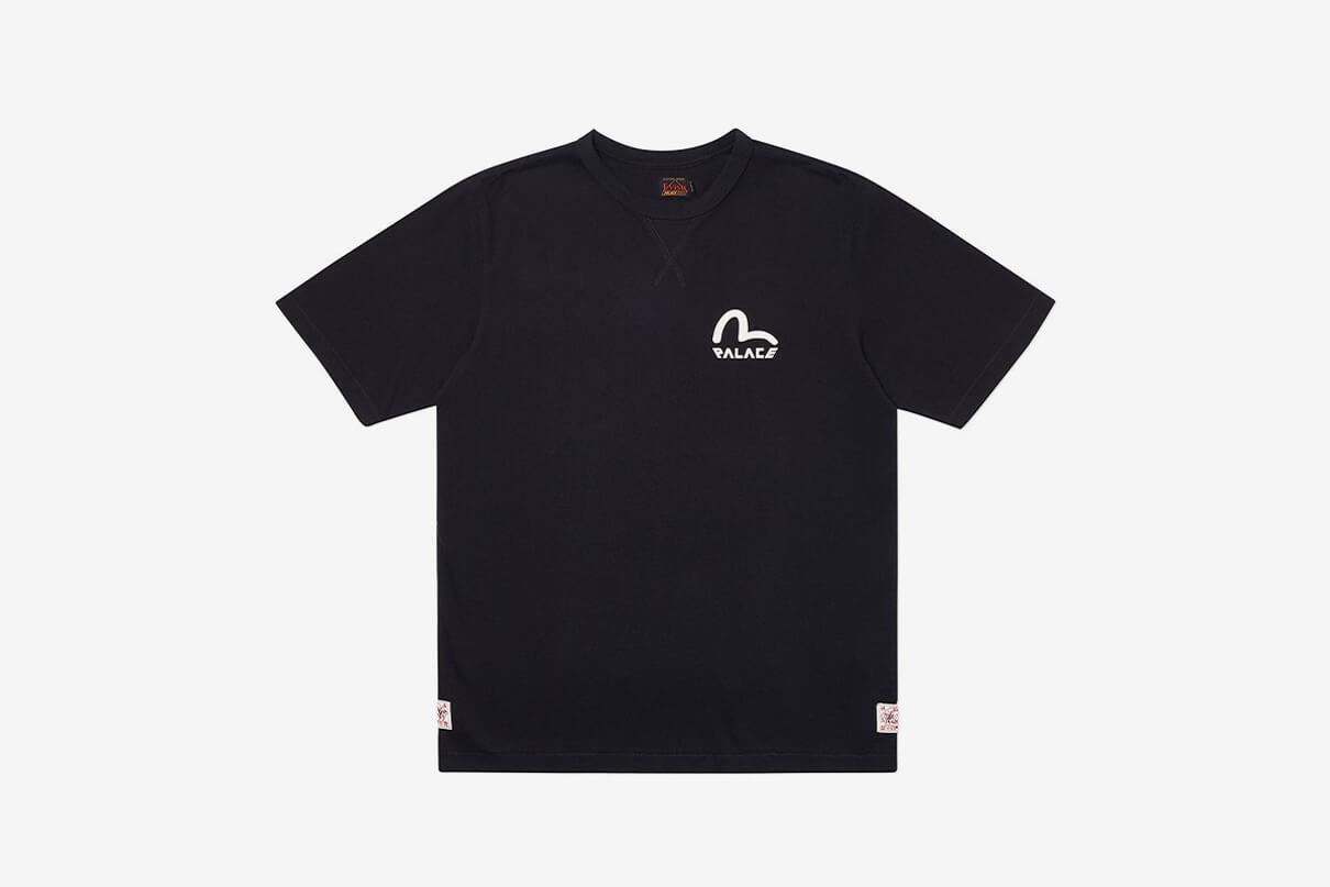 T-shirt from the Palace times Evisu Collaboration in black with a white logo shown from the front