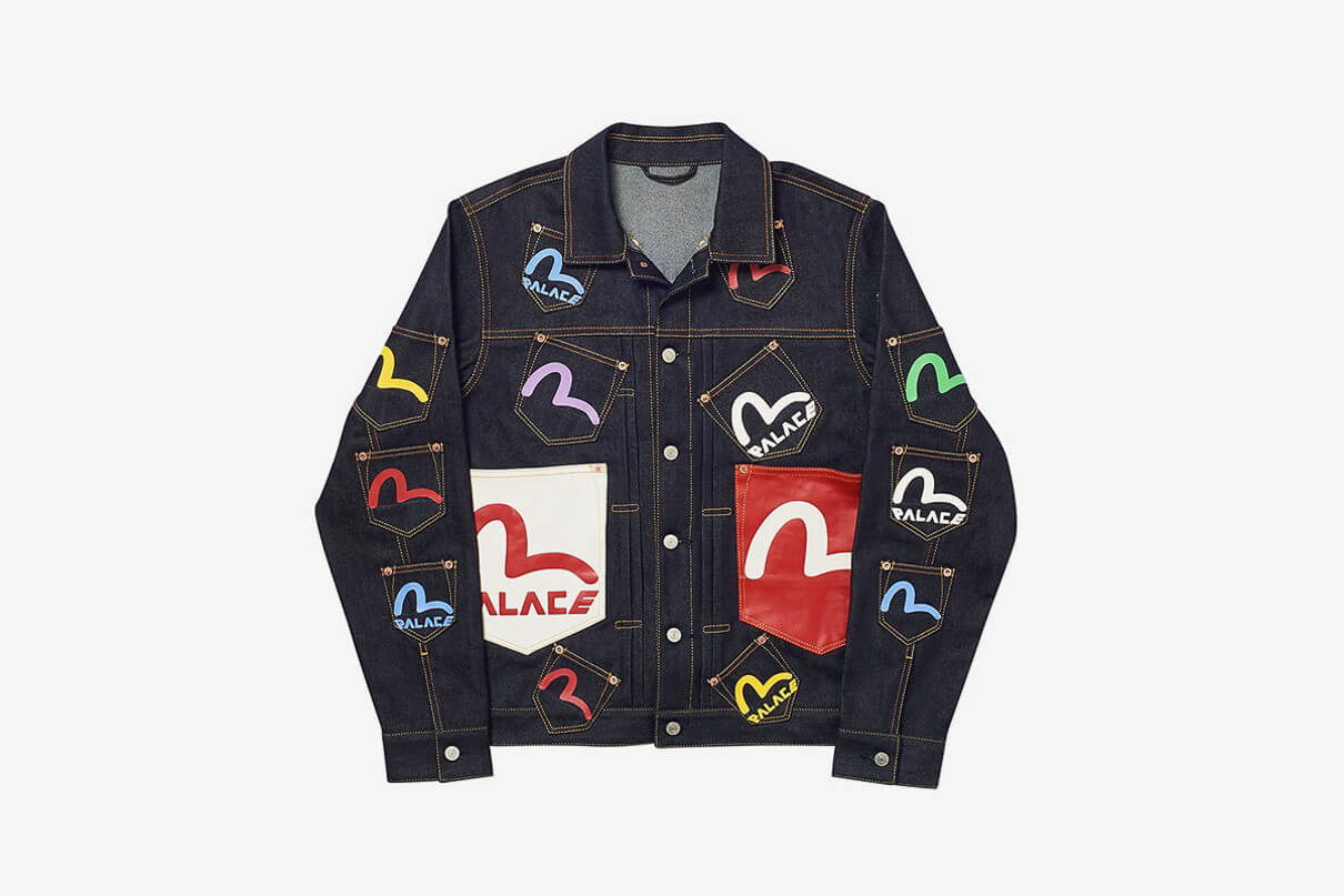 Denim jacket from the Palace times Evisu Collaboration shown from the front