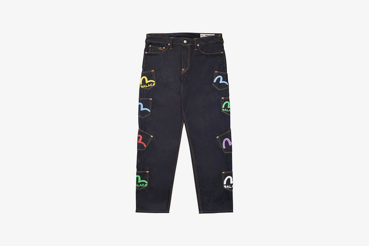 Denim jeans from the Palace times Evisu Collaboration shown from the front