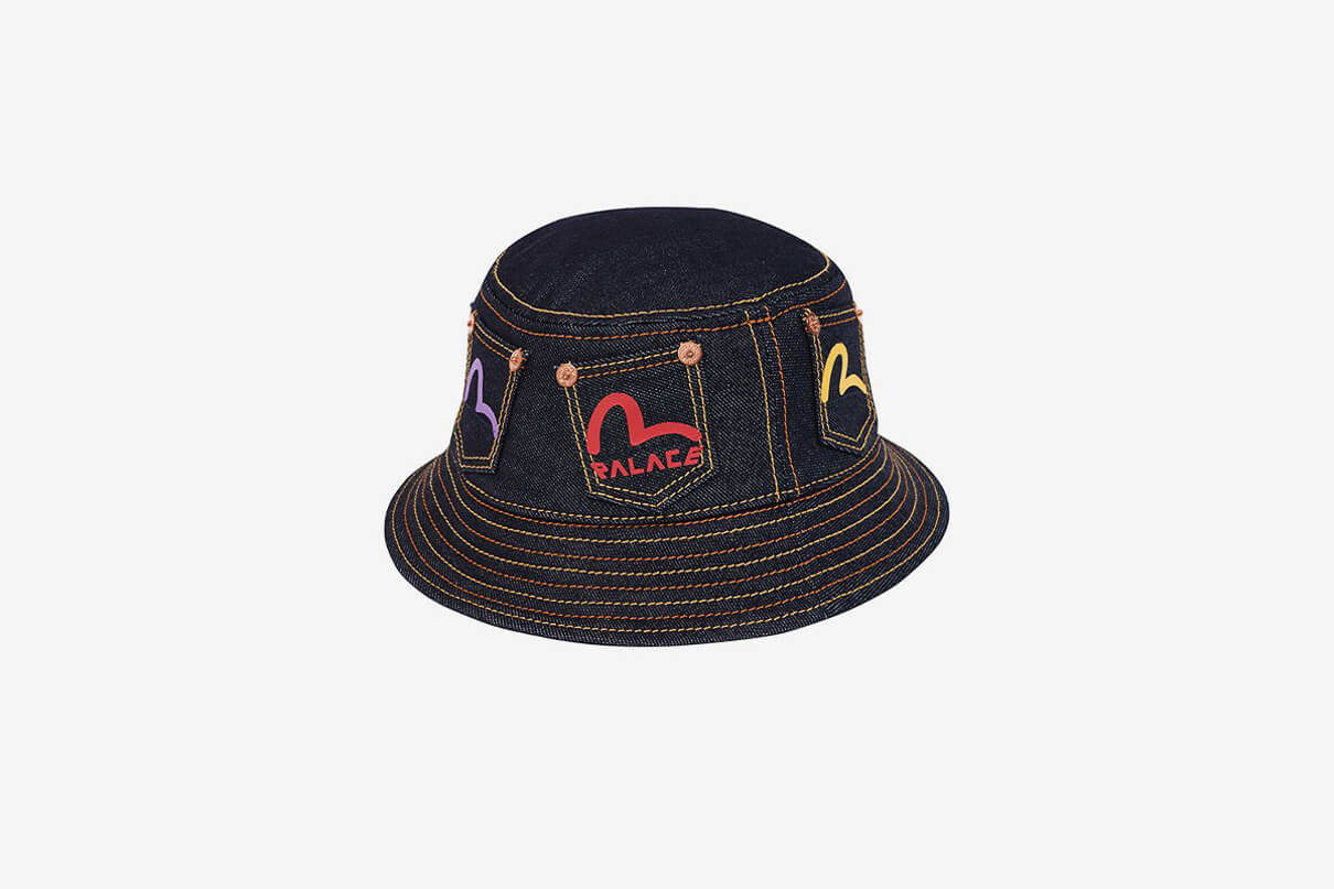 Denim bucket hat Palace times Evisu Collaboration covered in tiny pockets with the Evisu times Palace Logo