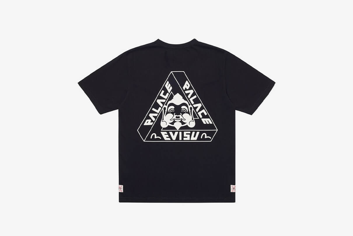 T-shirt from the Palace times Evisu Collaboration in black with a white logo shown from the back
