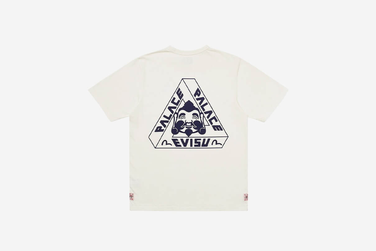 T-shirt from the Palace times Evisu Collaboration in white with a blue logo shown from the back