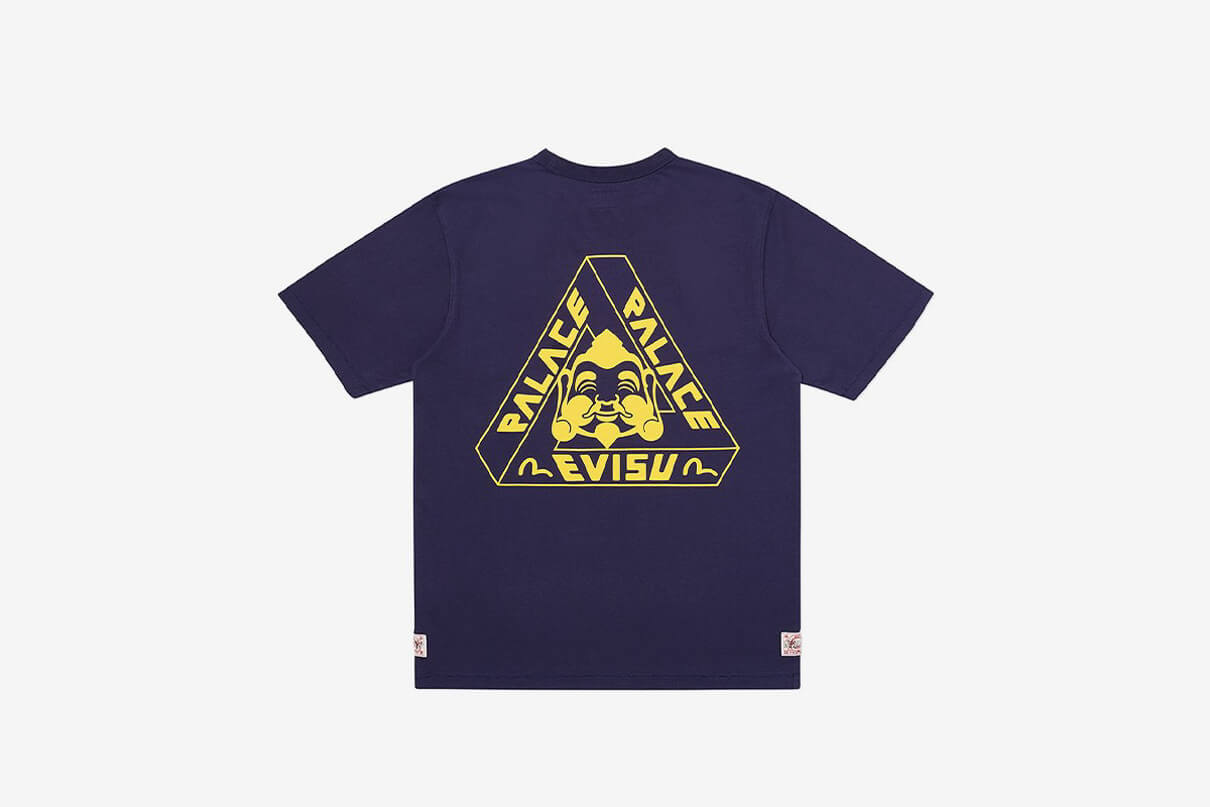 T-shirt from the Palace times Evisu Collaboration in blue with a yellow logo shown from the back