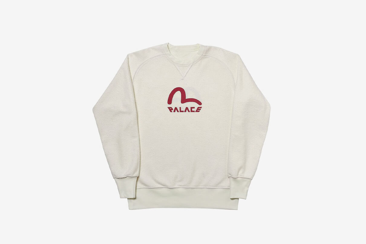 Sweatshirt from the Palace times Evisu Collaboration in cream with a red logo shown from the front