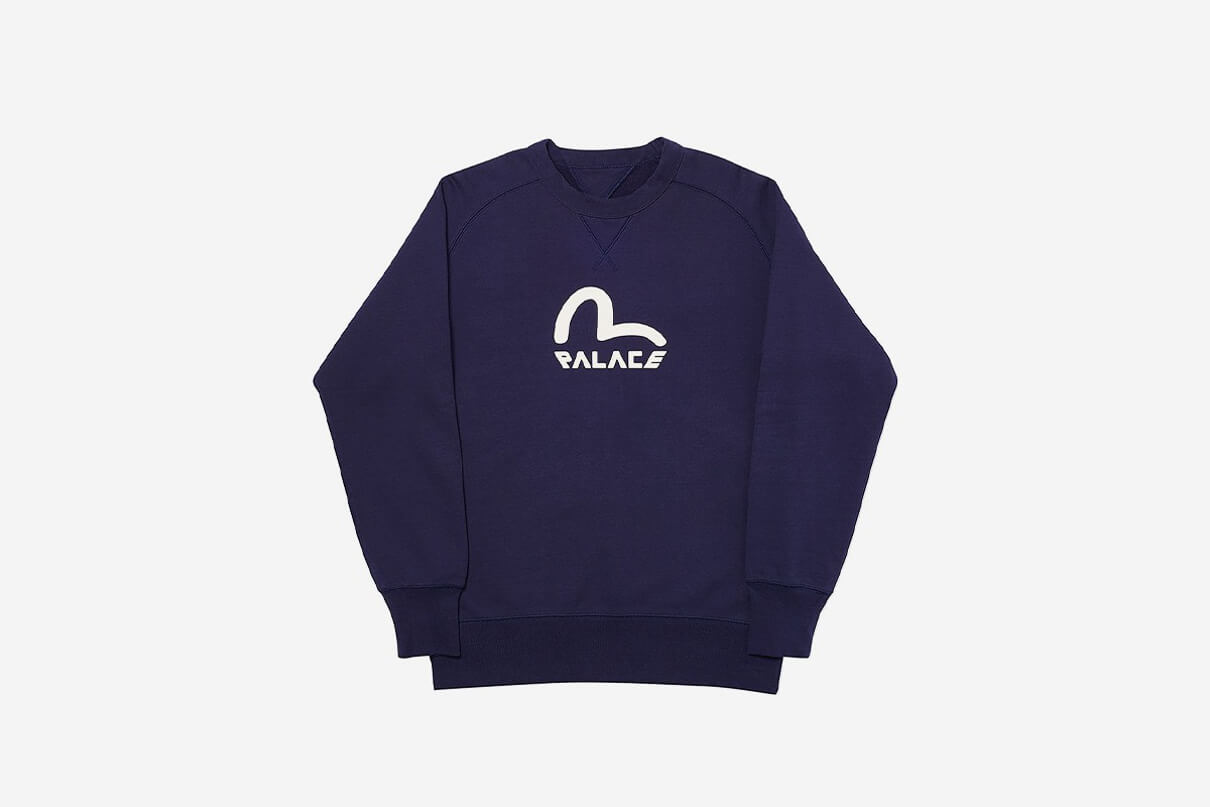 Sweatshirt from the Palace times Evisu Collaboration in blue shown from the front
