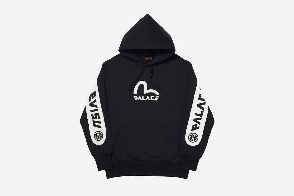 Hoodie from the Palace times Evisu Collaboration in black shown from the front