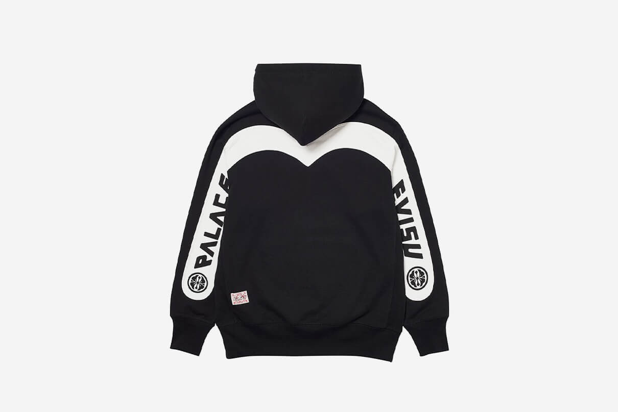 Hoodie from the Palace times Evisu Collaboration in black shown from the back