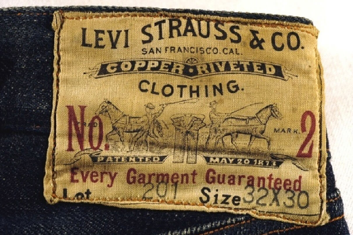 The linen patch from the Levi’s 201 denim jeans found in a renovation of a home in the coastal logging town Fort Bragg, USA