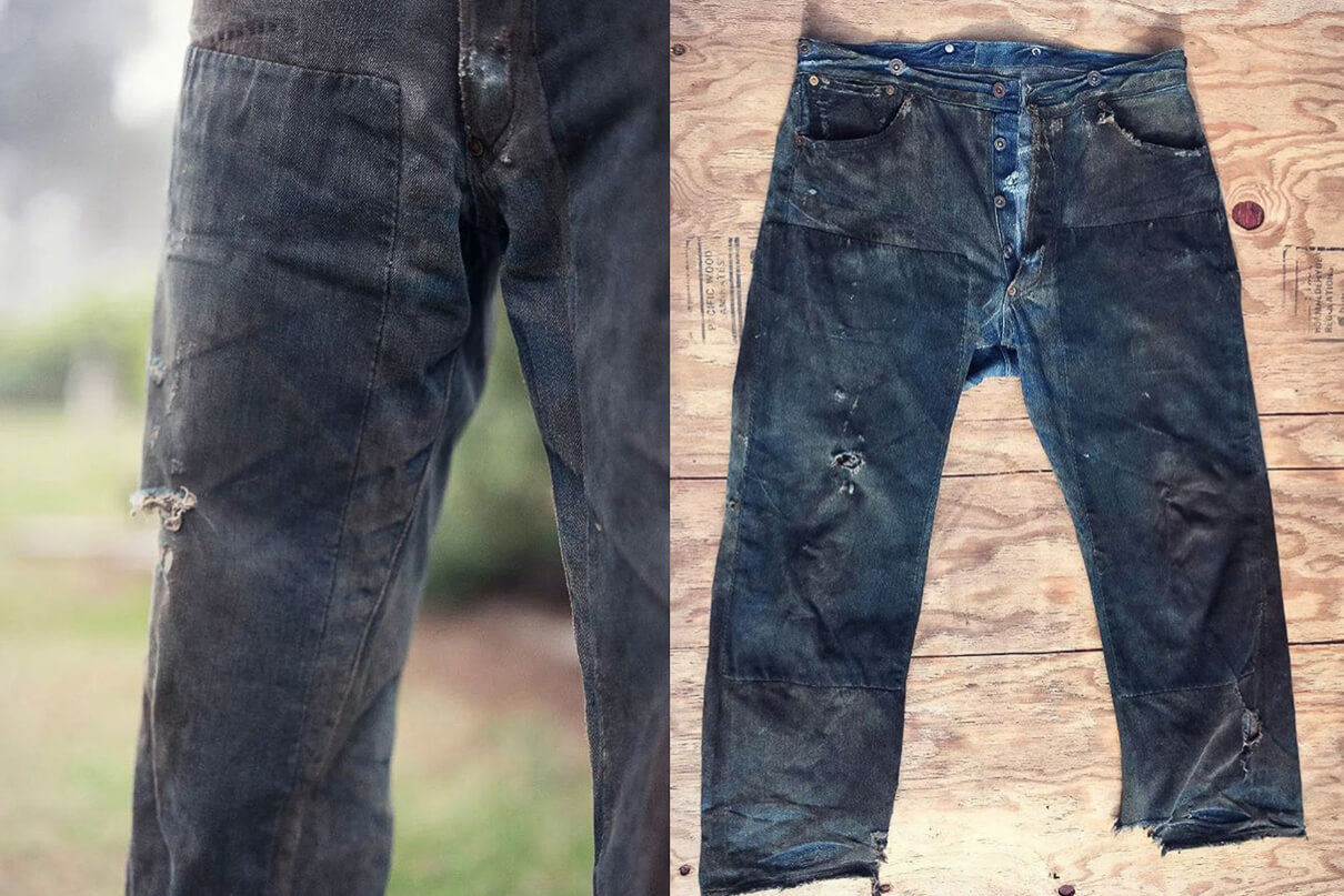 Details of the Levi’s 201 denim jeans found in a renovation of a home in the coastal logging town Fort Bragg, USA