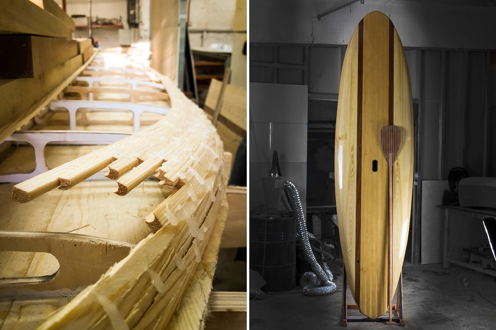 A Mitrich paddleboard under construction shown on the left and the finished article on the right.