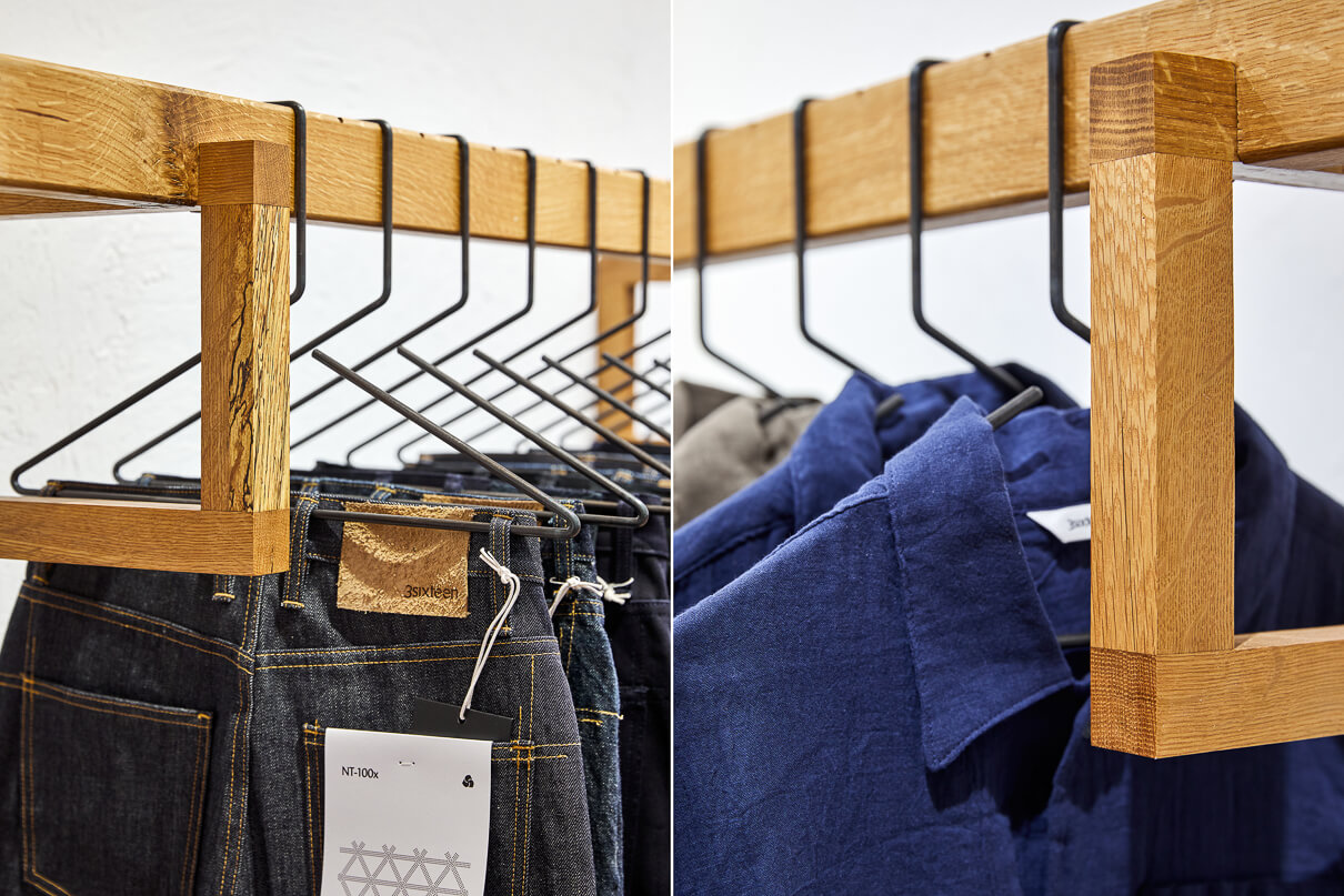 3sixteen New York Flagship store jackets and jeans on a rail